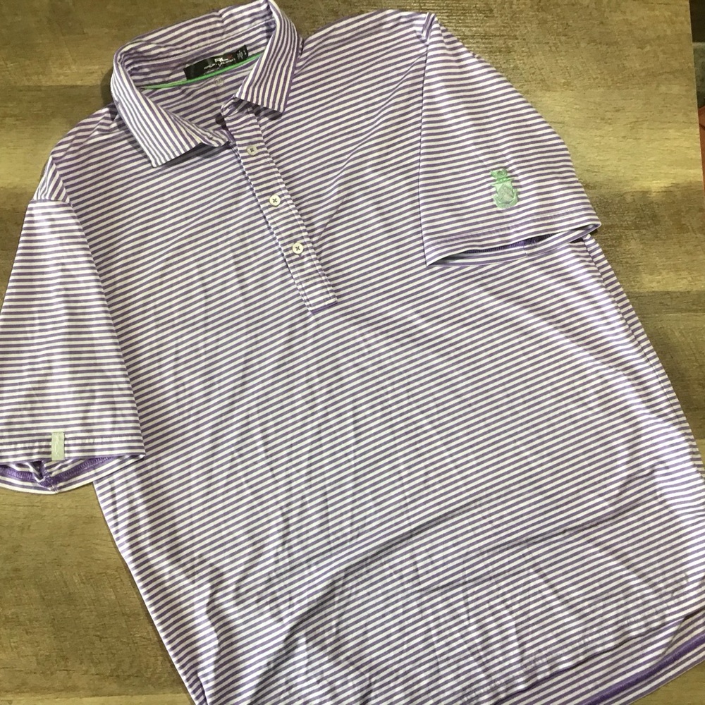 Ralph Lauren RLx Mens Large Golf Polo Shirt Purple White Striped Stretch
